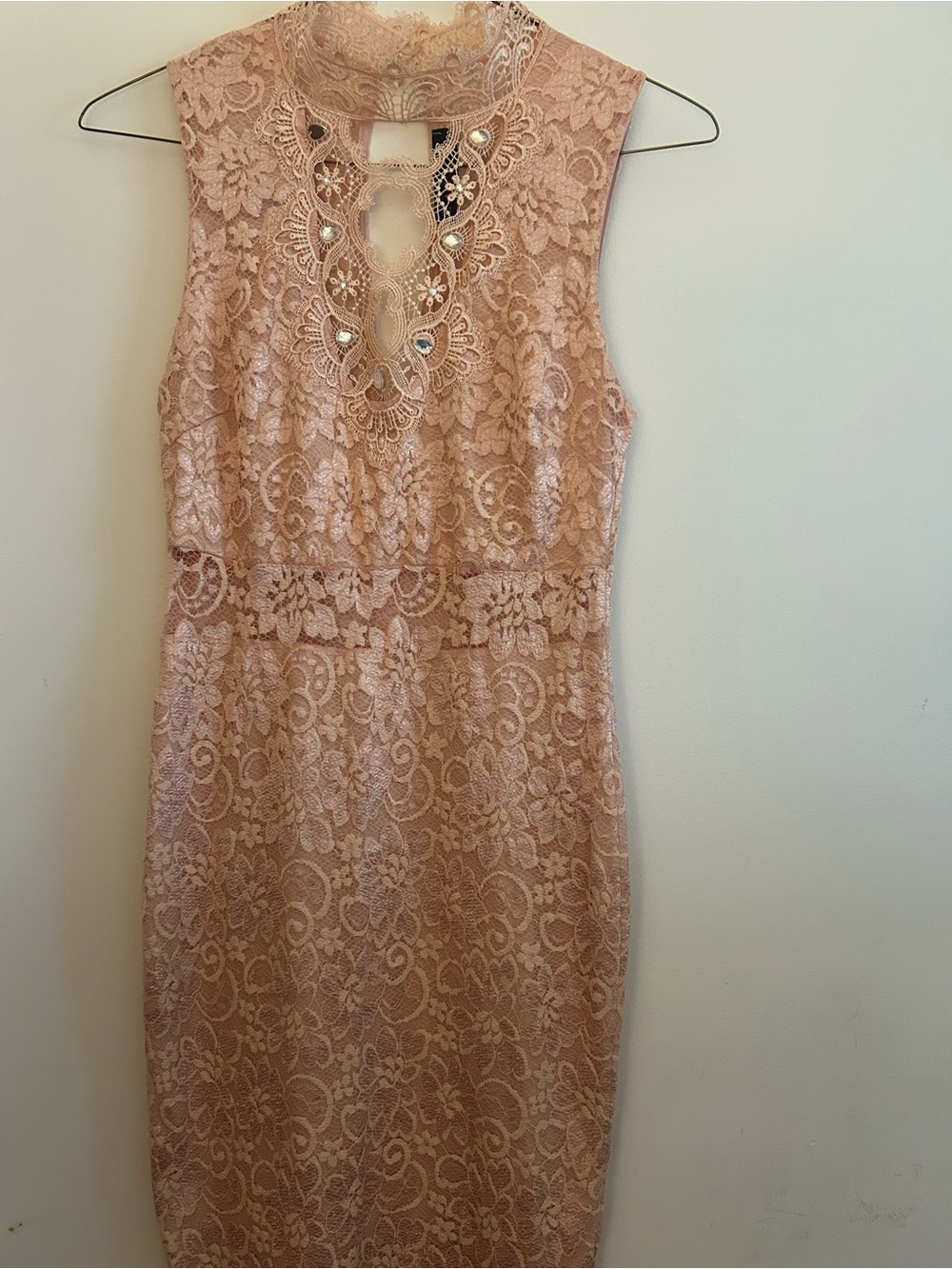 Sabora Blush Pink Lace Midi Dress with Keyhole Beaded Detail